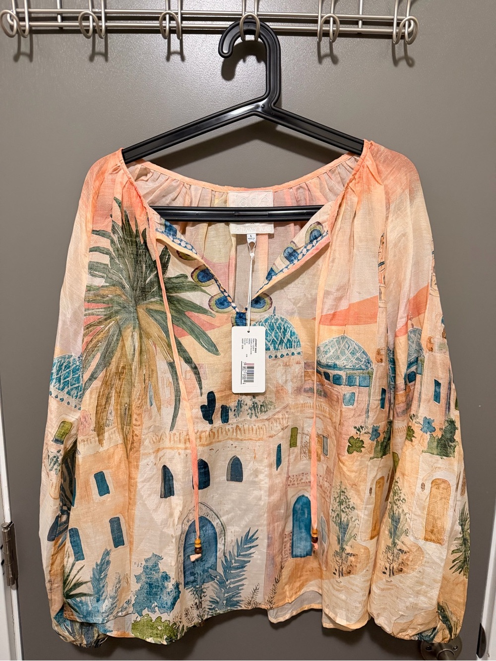 Johnny Was Peach Tunic with Blue & Green Scenic Print